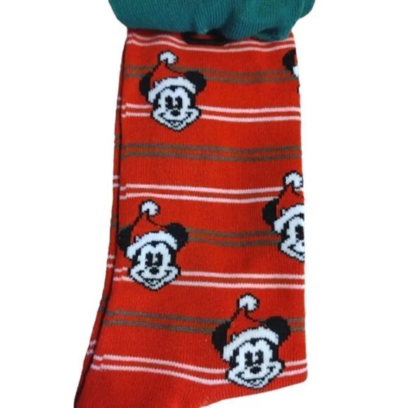 Disney Mickey Mouse 2 Pairs Red Green Christmas Themed Unisex Crew Socks - Picture 6 of 7
